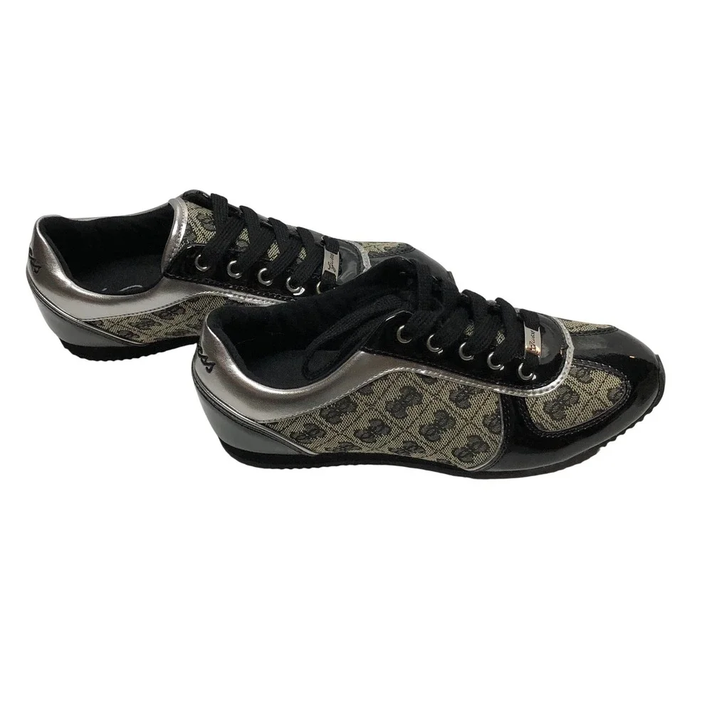 Guess Womens Logo Jacquard Sneakers Black Patent Leather Lace Up Shoes 5 NIB